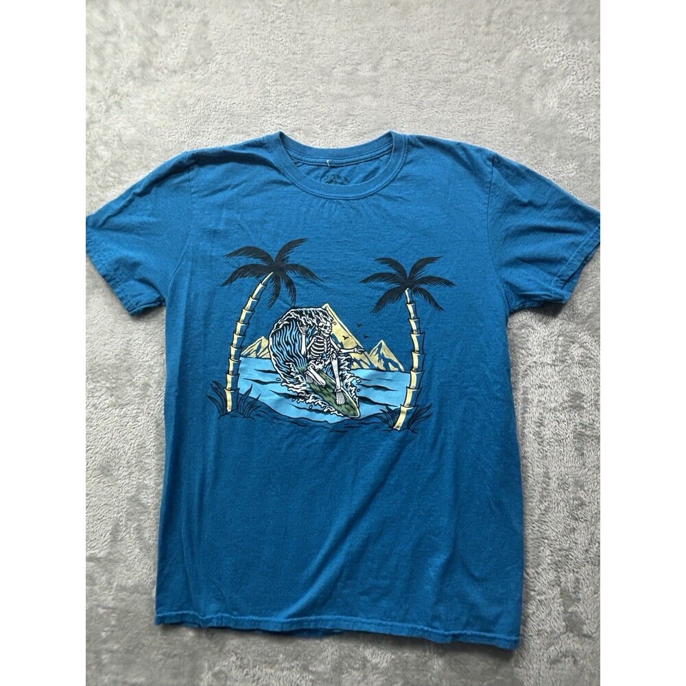 Call Your Mother Surf Skeleton Tee Palm Trees Ocean Graphic Blue Shirt S